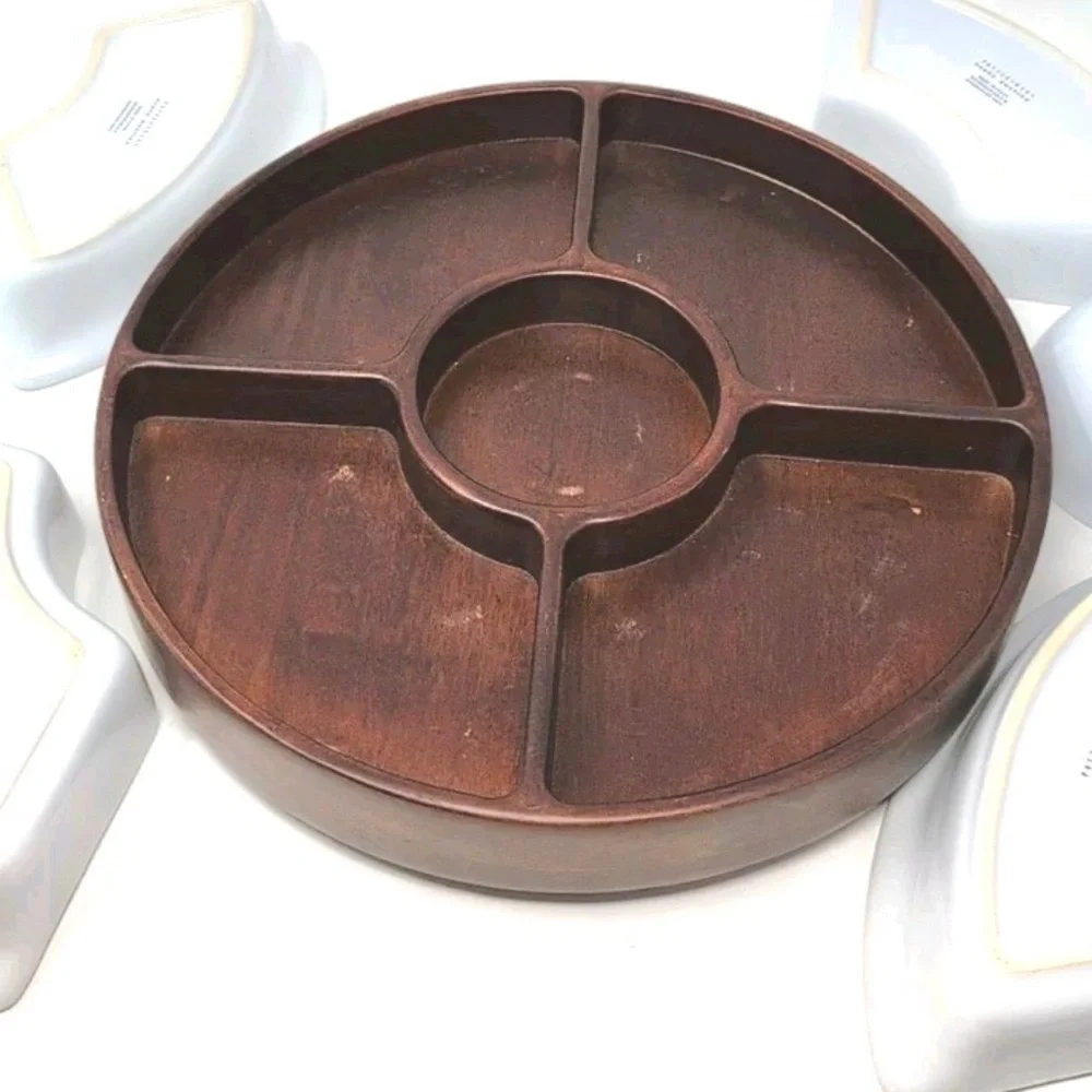 Pottery Barn Lazy Susan 5 Ceramic Condiment Wedge Bowls Rotating Wood Base 12”